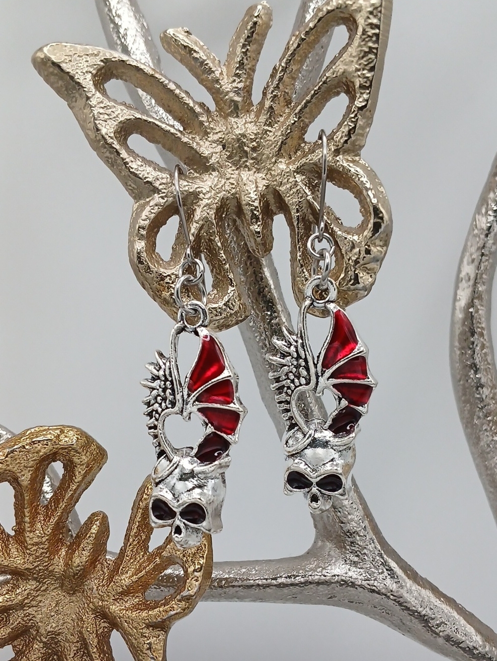 Silver Skull Earrings with Red Enamel Wings
